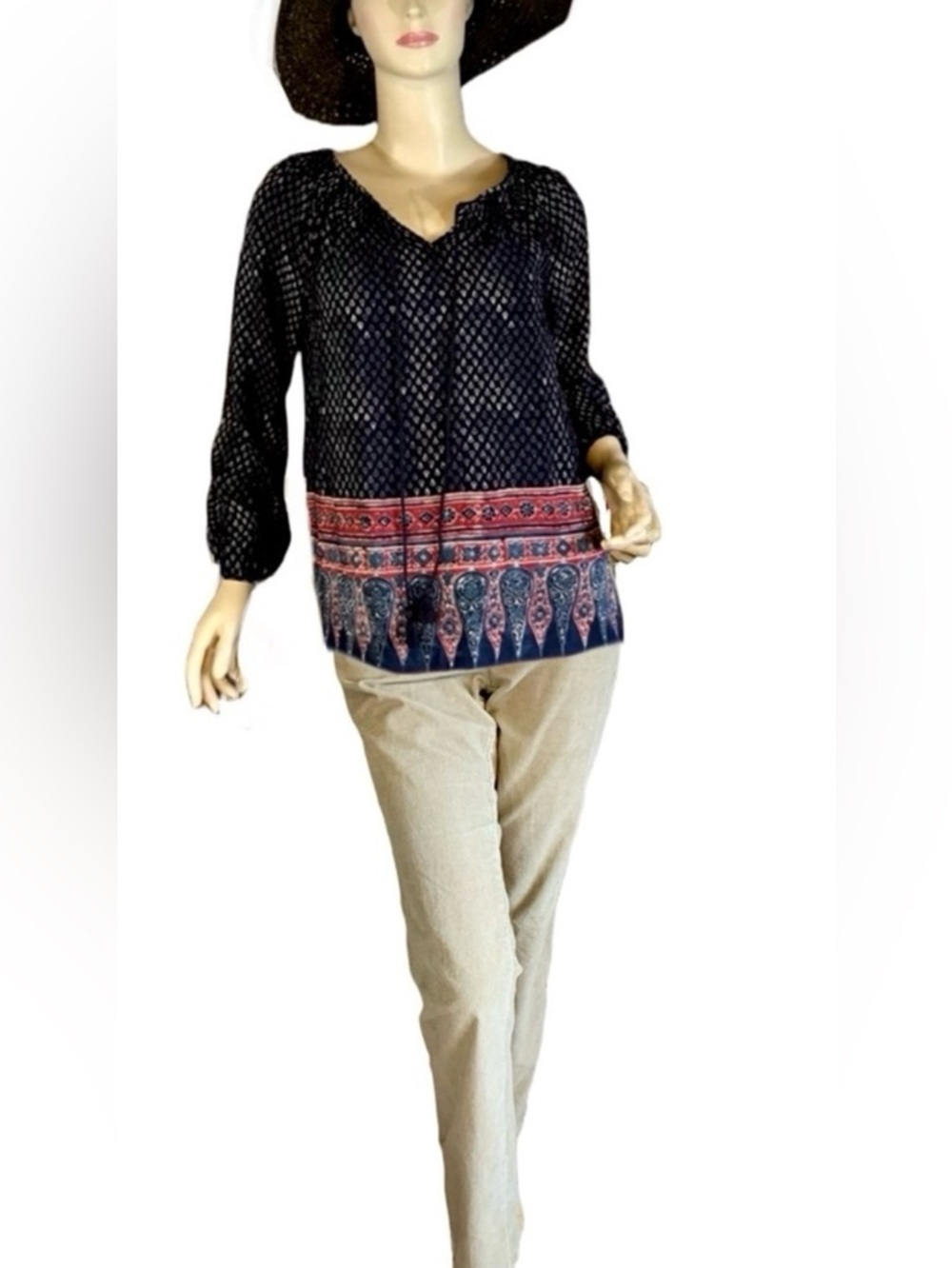 LAUREN RALPH LAUREN BLUE & RUST RED BOHO PEASANT TUNIC TOP (S)